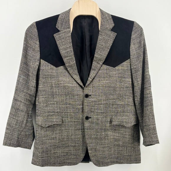 Cody James Plaid Blazer Grey Black Contrast Yoke Elbow Patches Sport Coat